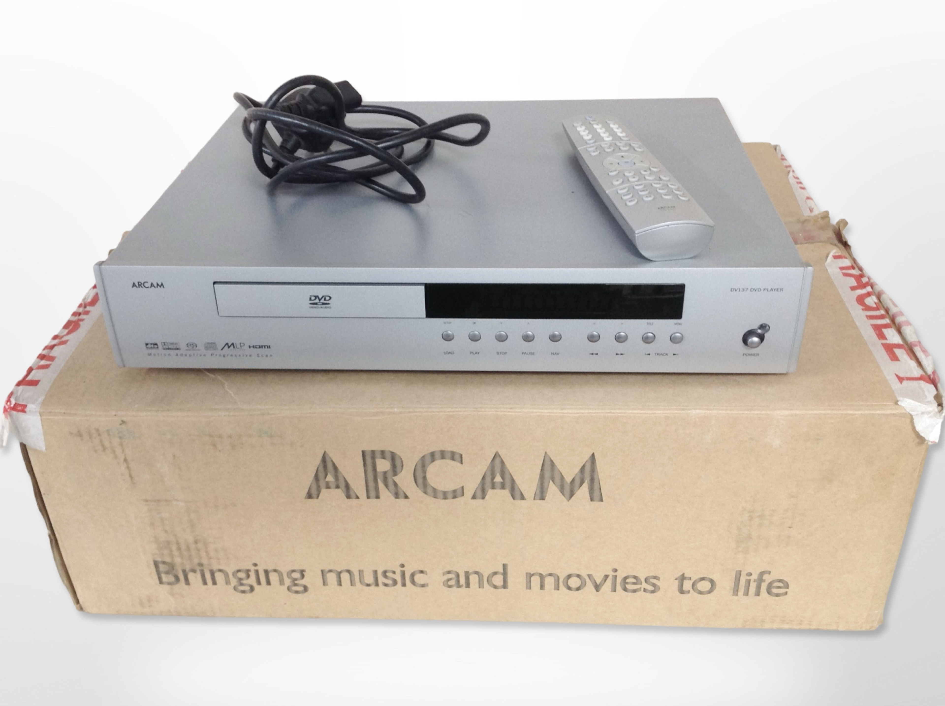 An Arcam DV137 DVD audio/video player, in box with lead and remote.