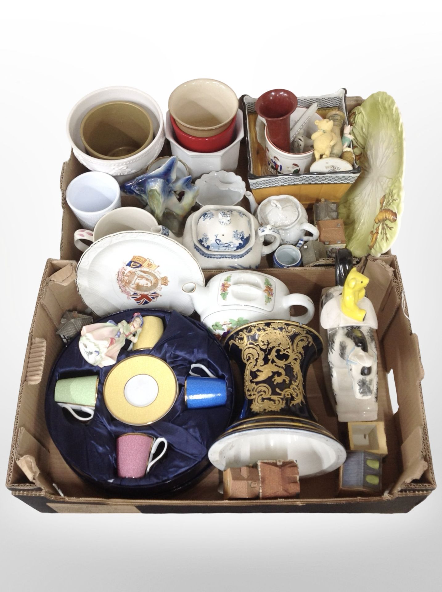 A group of mainly 20th-century ceramics, boxed Royal Worcester coffee set, Royal Doulton figurine,