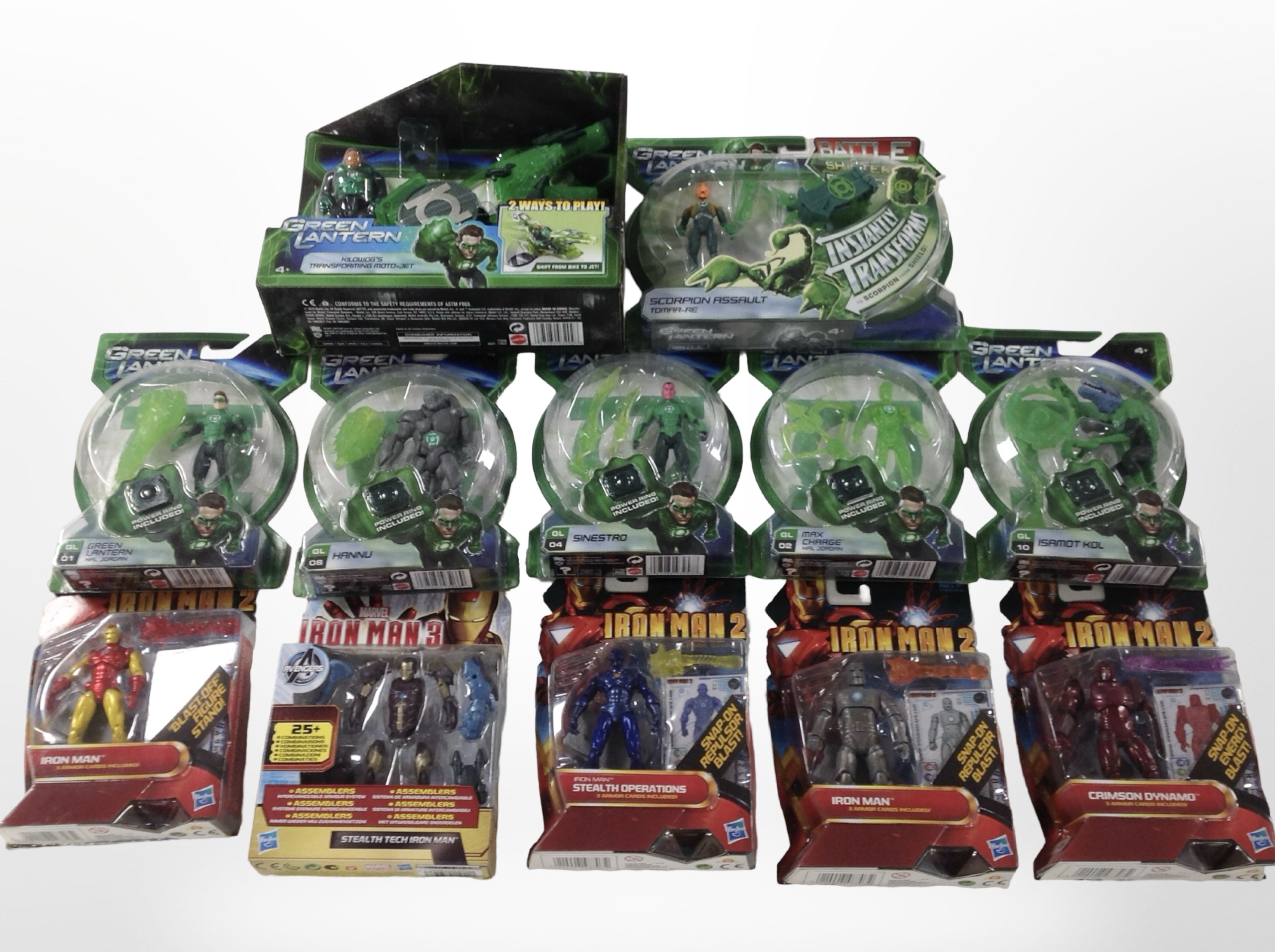 12 Hasbro and Mattel figurines to include Iron Man and Green Lantern, boxed.