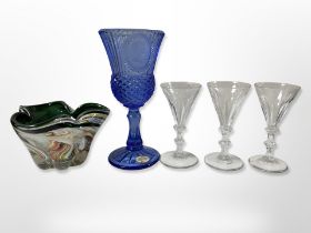 A Fostoria blue glass goblet,