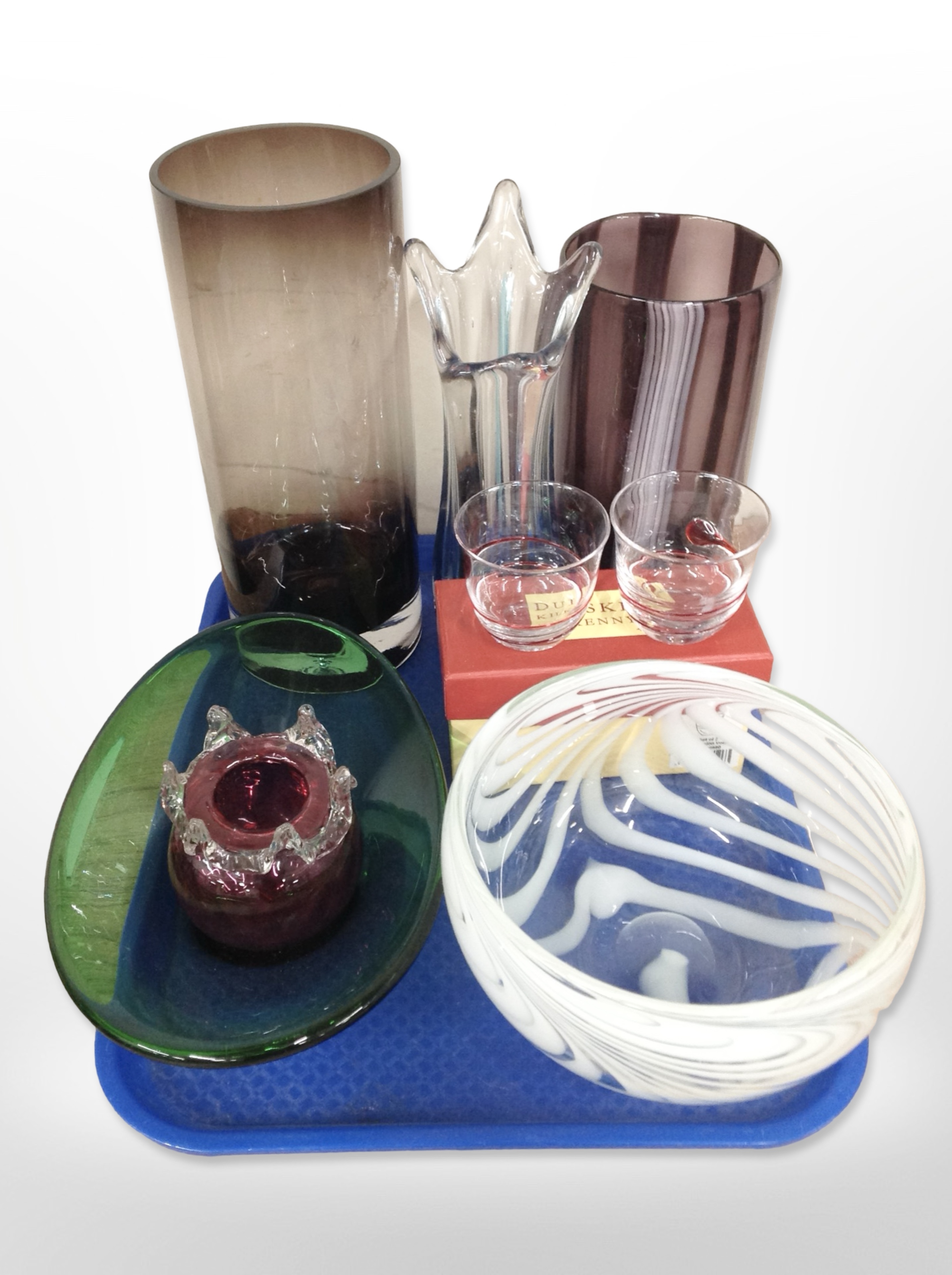 A group of studio glass vases, pair of Irish drinking glasses, fruit bowls, etc.