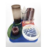 A group of studio glass vases, pair of Irish drinking glasses, fruit bowls, etc.