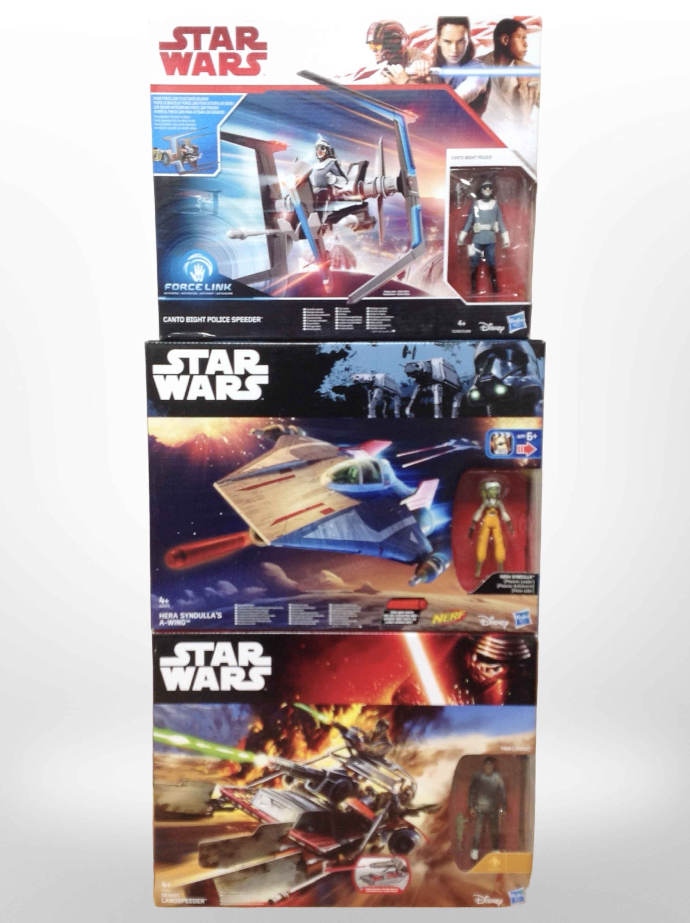 Three Hasbro Disney Star Wars figures, Canto Bight Police Speeder, Hera Syndulla's A-Wing,