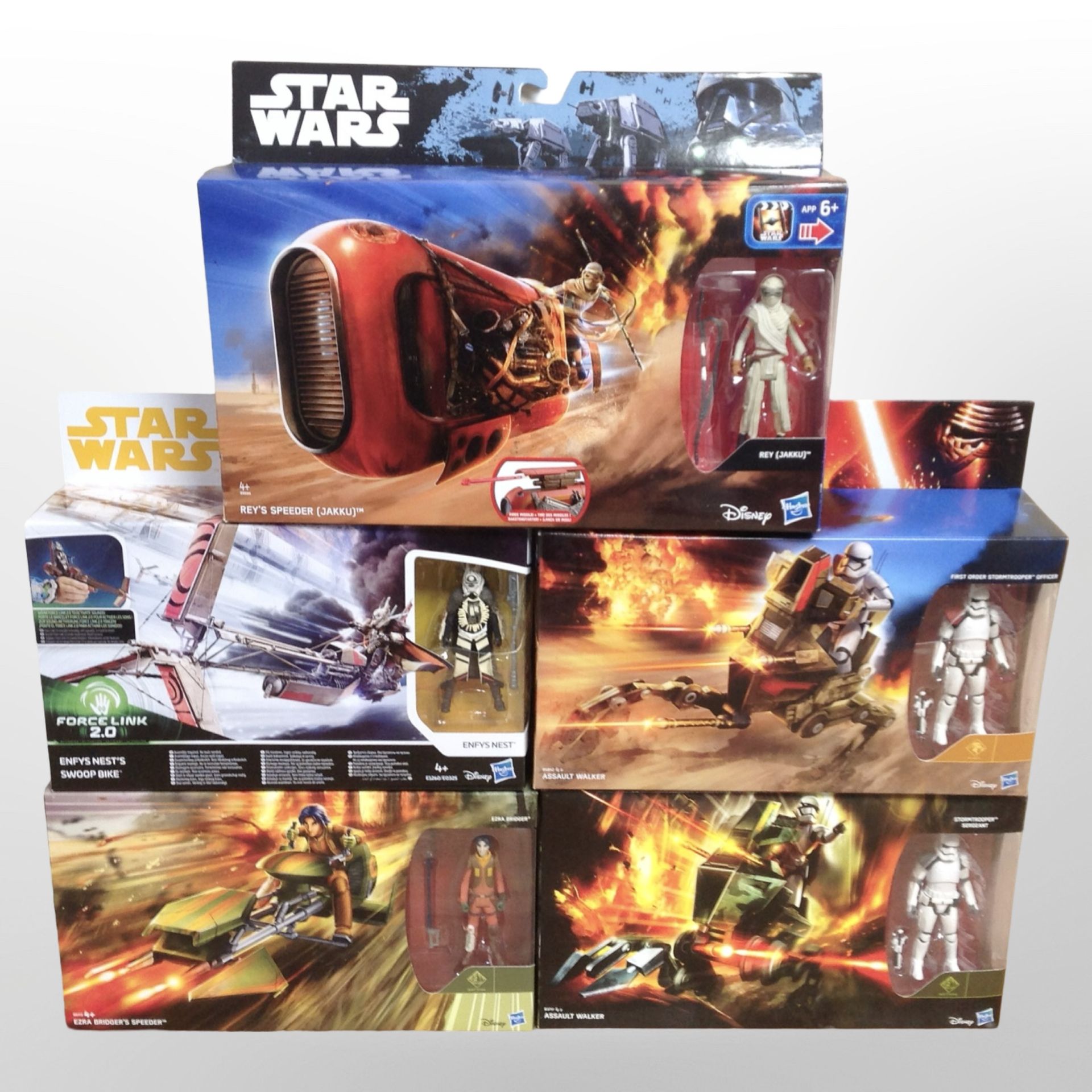 Five Hasbro Disney Star Wars figures including Assault Walker, Elite Speeder Bike, etc., boxed.