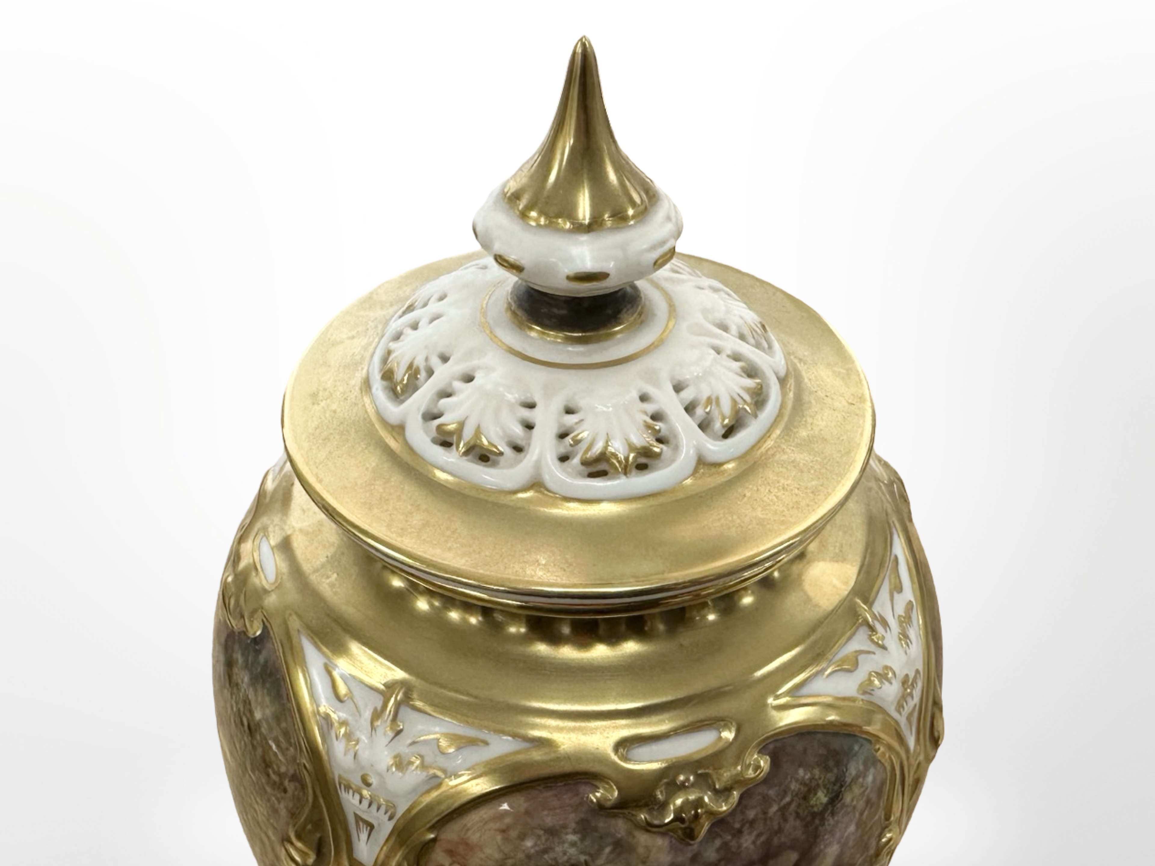 A Royal Worcester urn with cover, hand painted with fruit, black mark to base, numbered 169, - Image 5 of 6