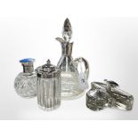 A cut crystal dressing table flask with silver and enamel top, further crystal jar with silver lid,