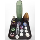 A group of contemporary glass paperweights including Caithness, Galloway, three various vases, etc.