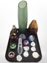 A group of contemporary glass paperweights including Caithness, Galloway, three various vases, etc.