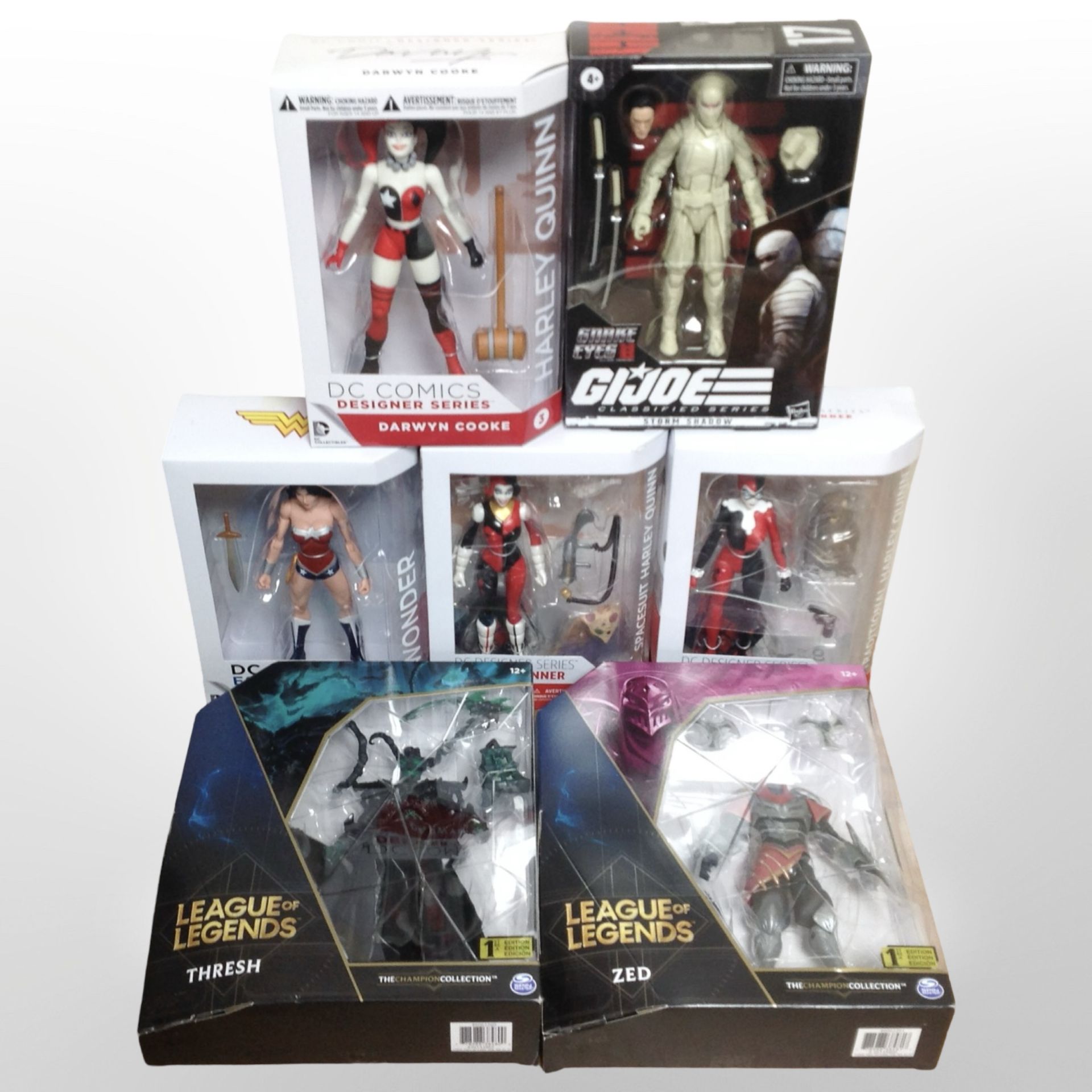 Four DC Collectibles Superhero figurines, Hasbro GI Joe figurine,