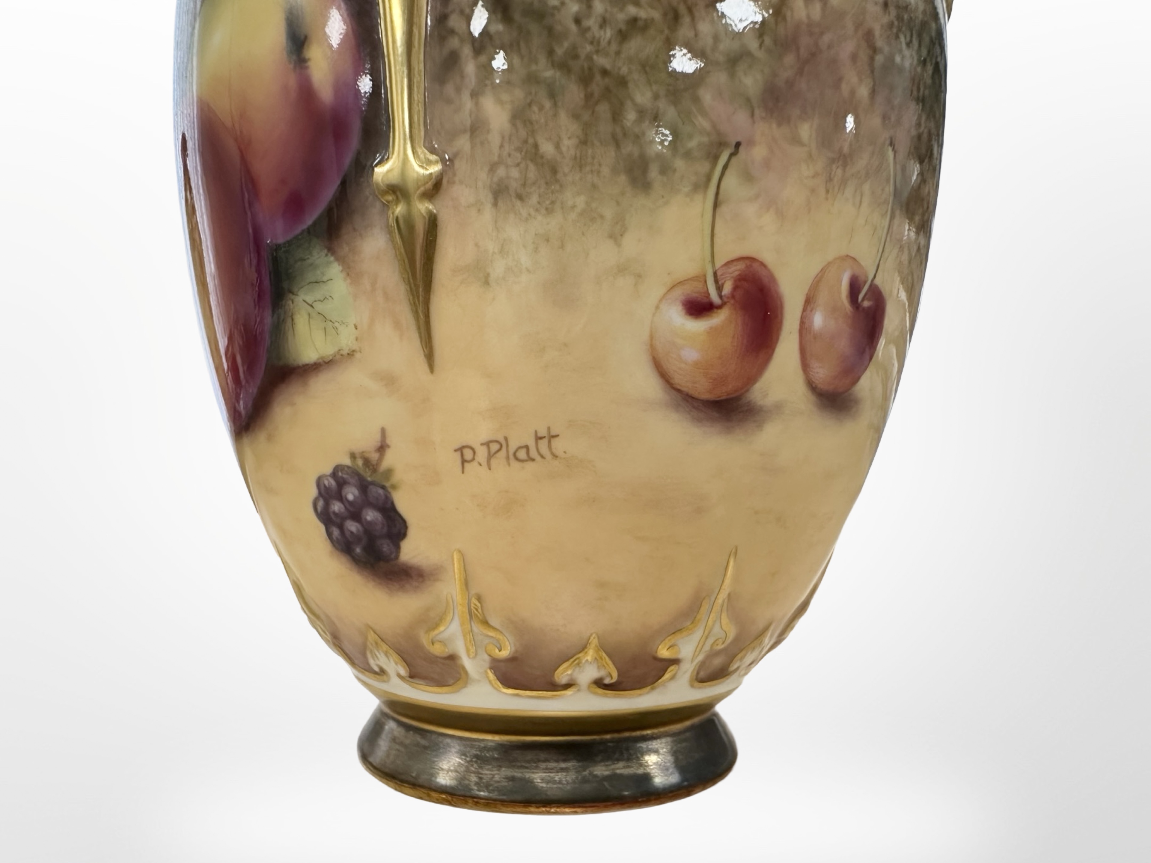 A Royal Worcester urn with cover, hand painted with fruit, black mark to base, numbered 169, - Image 4 of 6