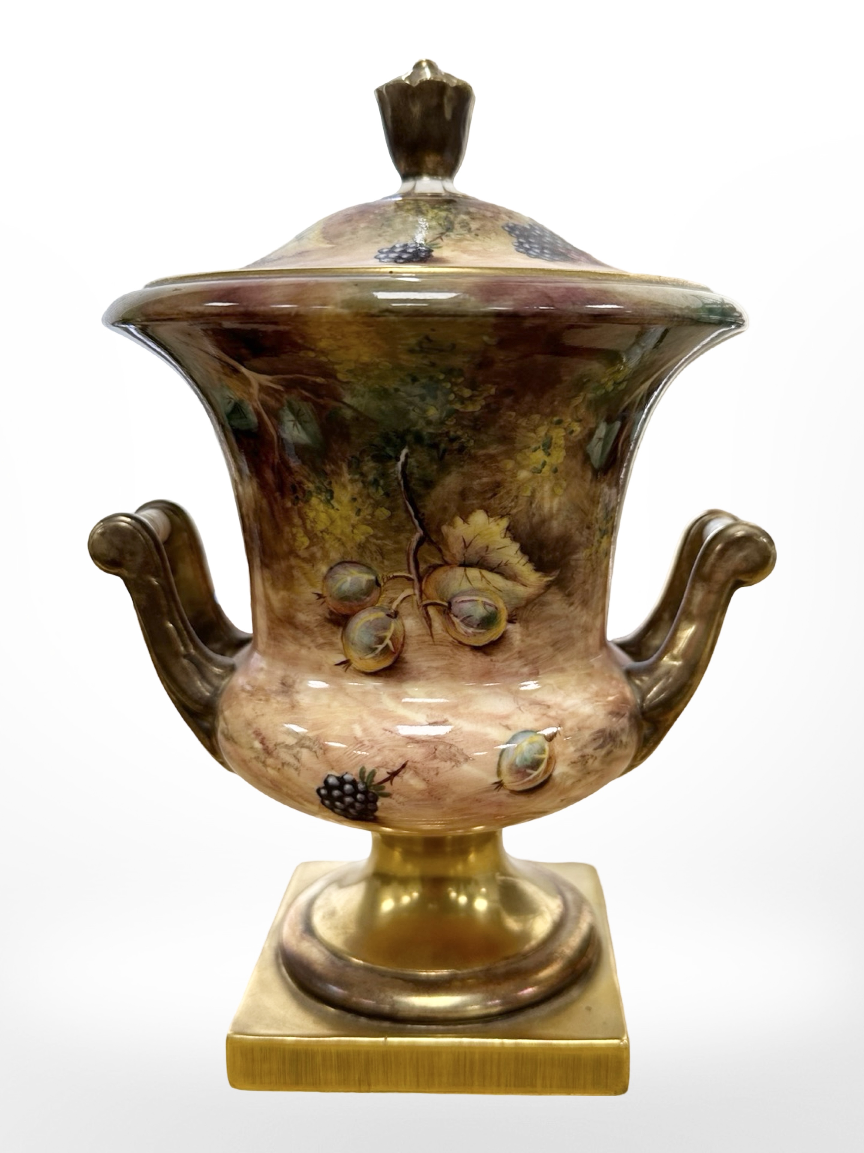A Royal Worcester campana-shape lidded twin-handled urn, hand painted with fruit, - Image 2 of 5