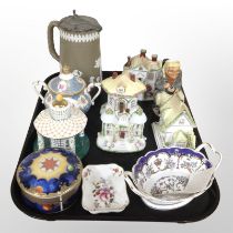 A group of Coalport porcelain cottages, Jasperware tankard with pewter lid,