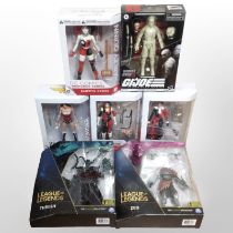 Four DC Collectibles Superhero figurines, Hasbro GI Joe figurine,
