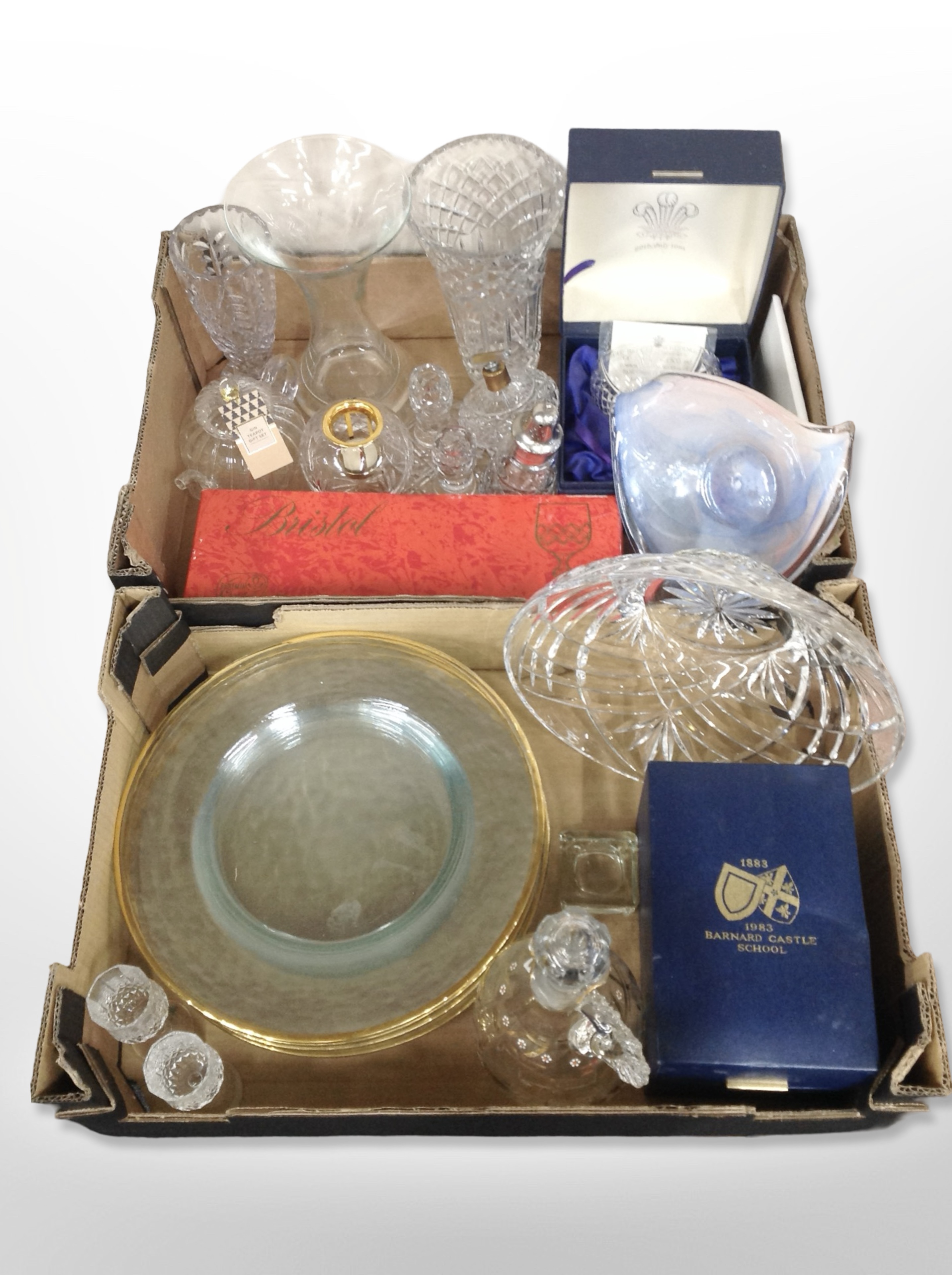 A collection of 20th-century glass ware, some pieces boxed, including drinking glasses, ewers,