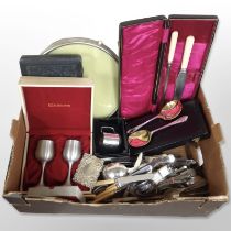 A group of metal wares, cutlery, boxed pair of Royal Selangor pewter tankards, silver-plated wares,