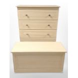 A contemporary pine-effect five-drawer chest, 77cm wide x 41cm deep x 115cm high,