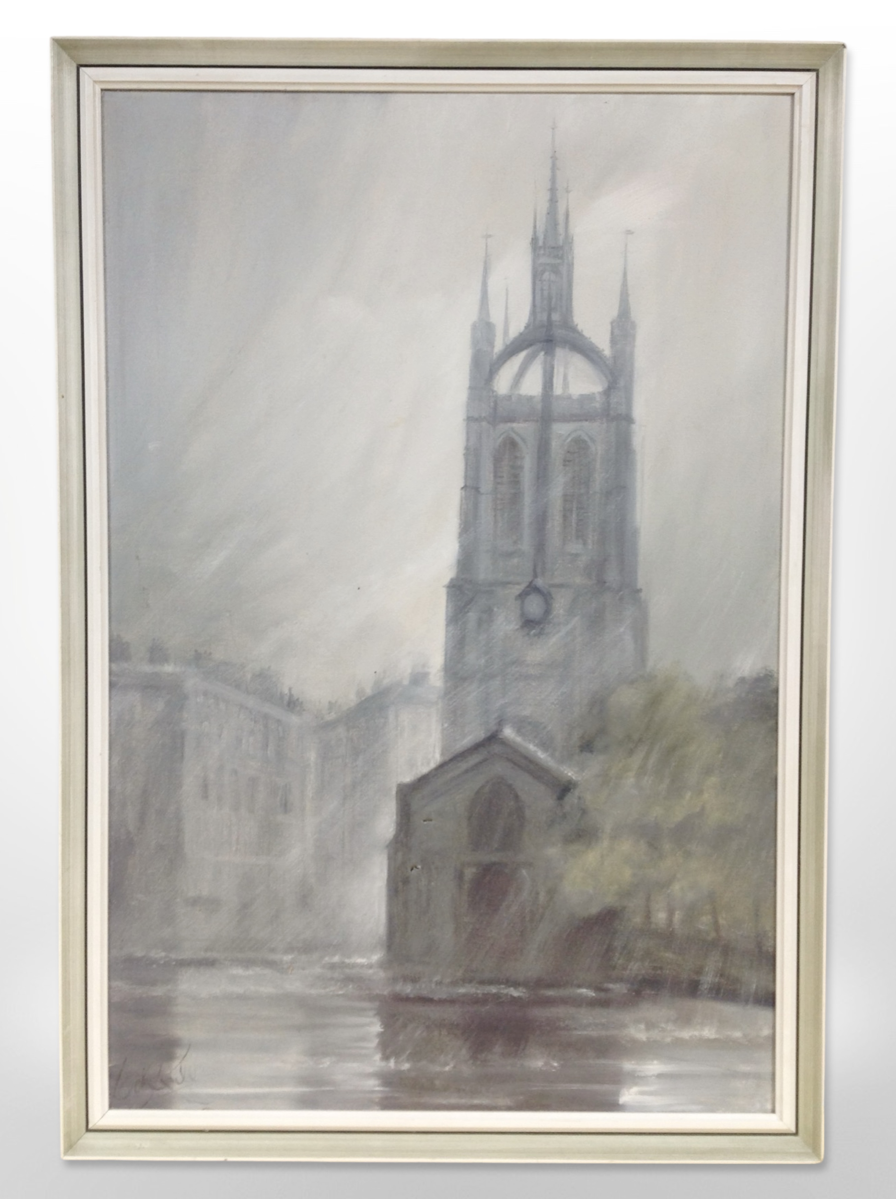 Continental school : View of a church tower in the rain, oil on canvas, 75cm x 50cm,