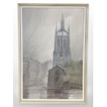Continental school : View of a church tower in the rain, oil on canvas, 75cm x 50cm,