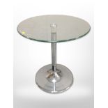 A contemporary chrome and glass circular occasional table, diameter 60cm.