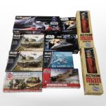 Eight Revell/Airfix scale modelling sets including Star Wars together with two Action Man figures,