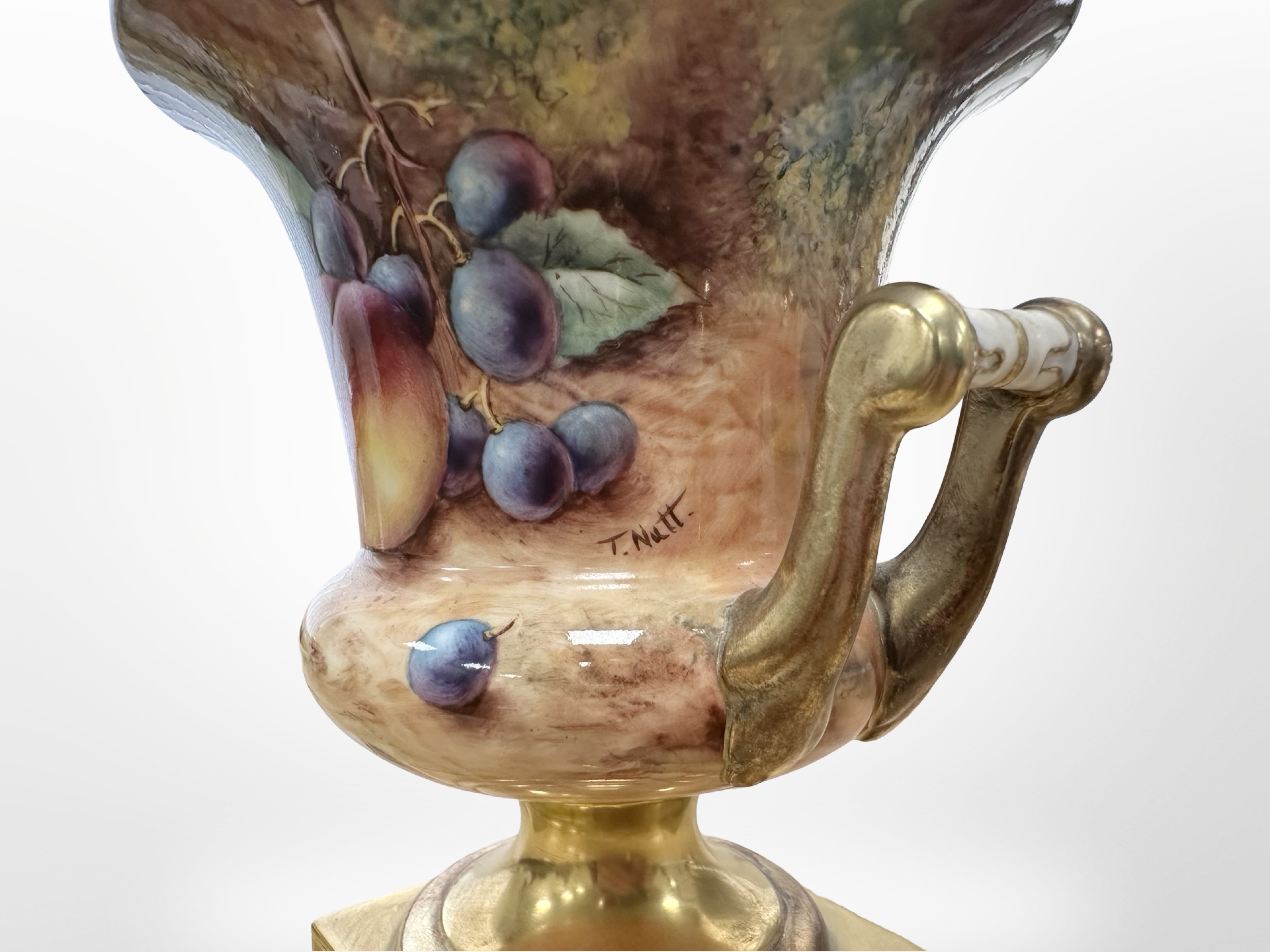 A Royal Worcester campana-shape lidded twin-handled urn, hand painted with fruit, - Image 3 of 5