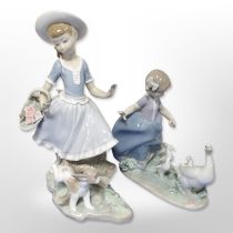 A Lladró figure of a girl with puppy running at her feet, and a further figure of a girl with geese,