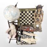 A decorative inlaid chessboard, together with a globe, contemporary figurines, teddy bear,