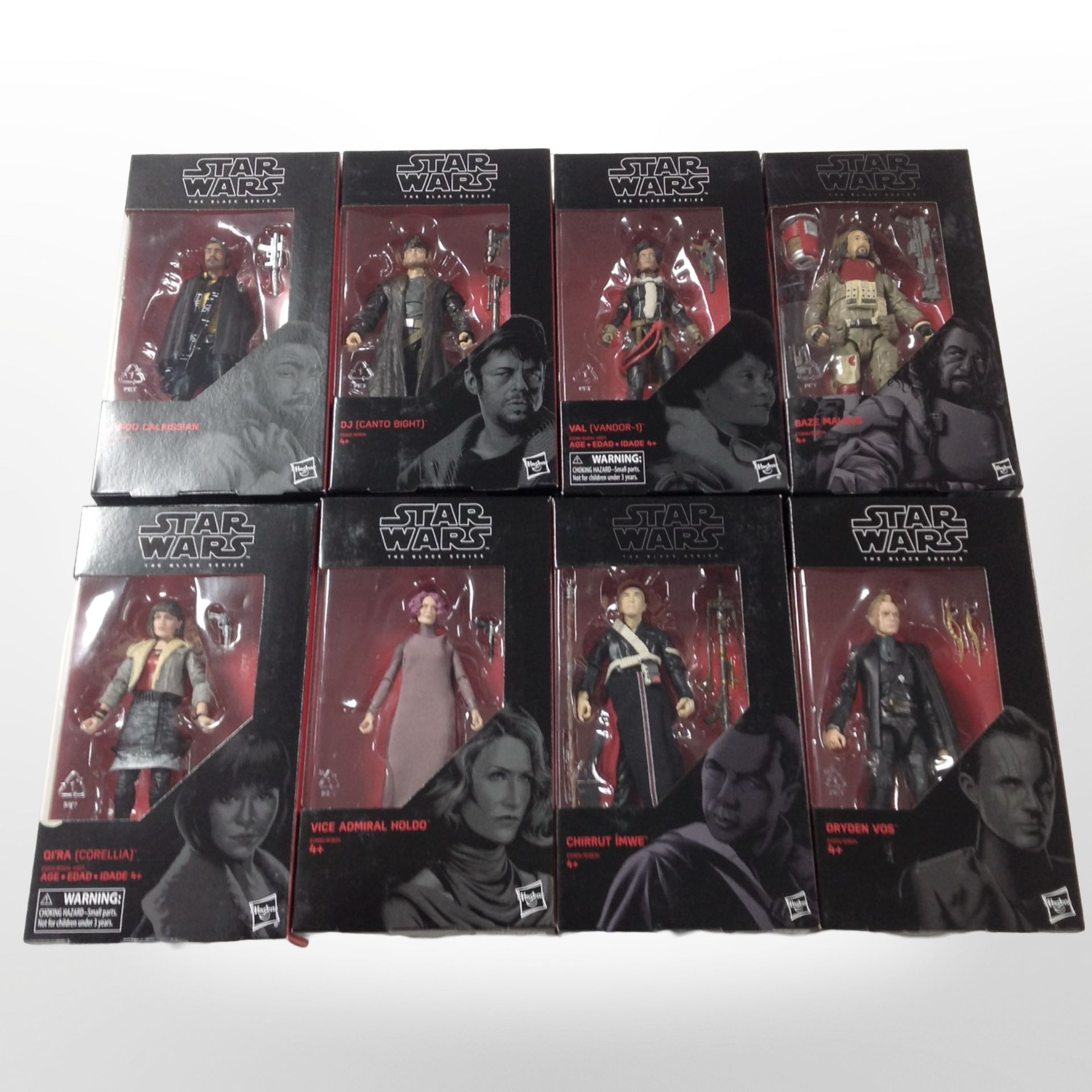 Eight Hasbro Star Wars The Black Series figurines, boxed.