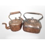 A Victorian square copper kettle, plus one other, tallest 21cm.