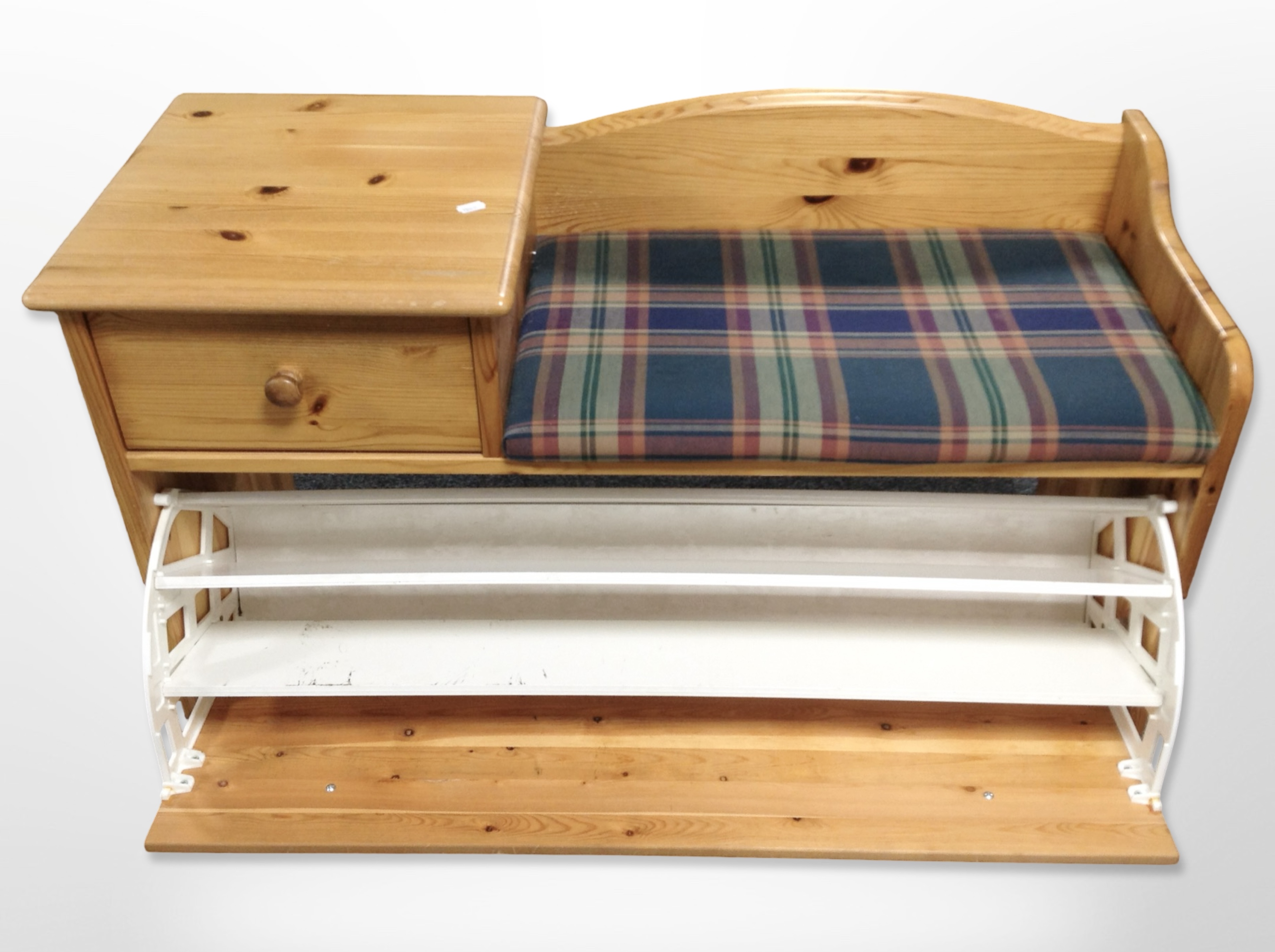 A contemporary pine telephone seat with shoe rack, 99cm wide x 41cm deep x 60cm high.