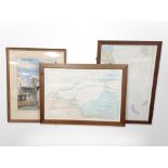 Two pine-framed nautical maps and a watercolour by G J Gilmore, 72cm x 53cm.