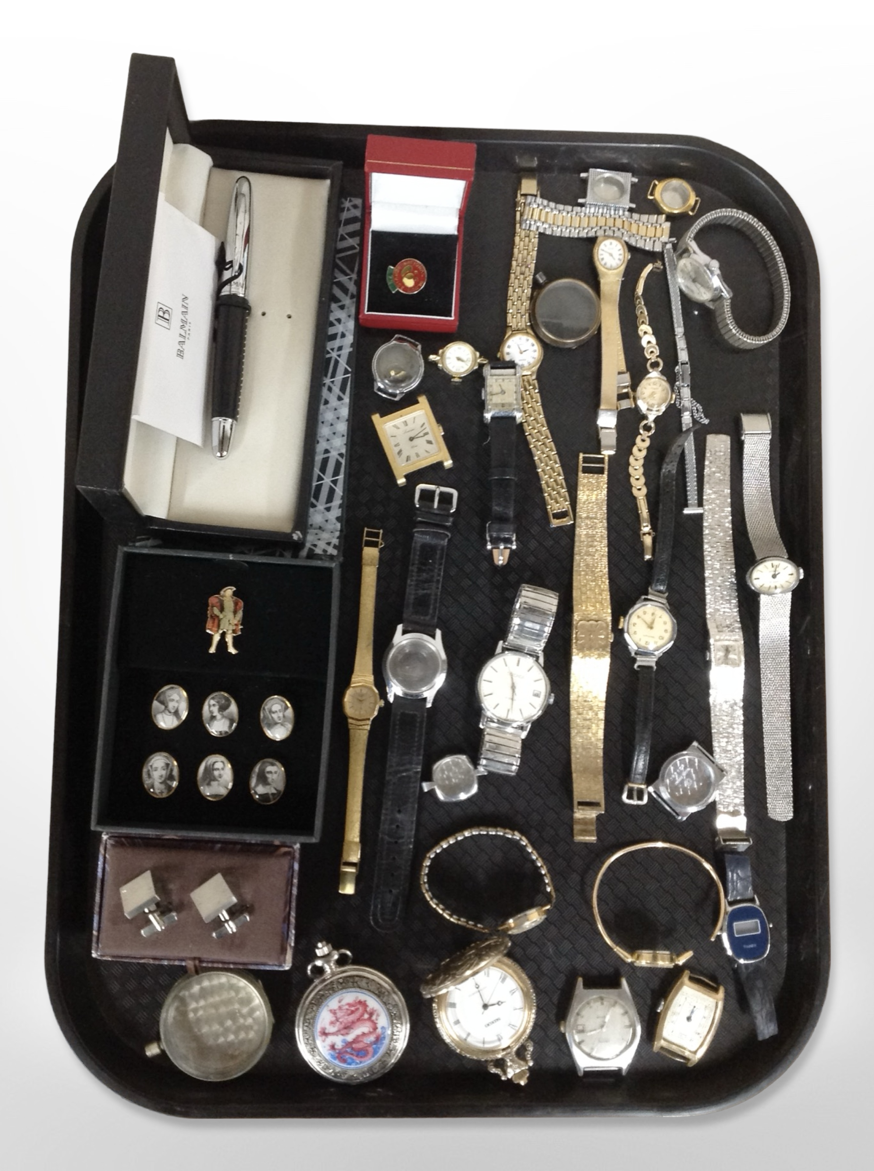 A collection of lady's and gent's wristwatches, modern pocket watches, cufflinks, boxed Balmain pen,