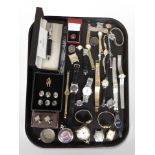 A collection of lady's and gent's wristwatches, modern pocket watches, cufflinks, boxed Balmain pen,