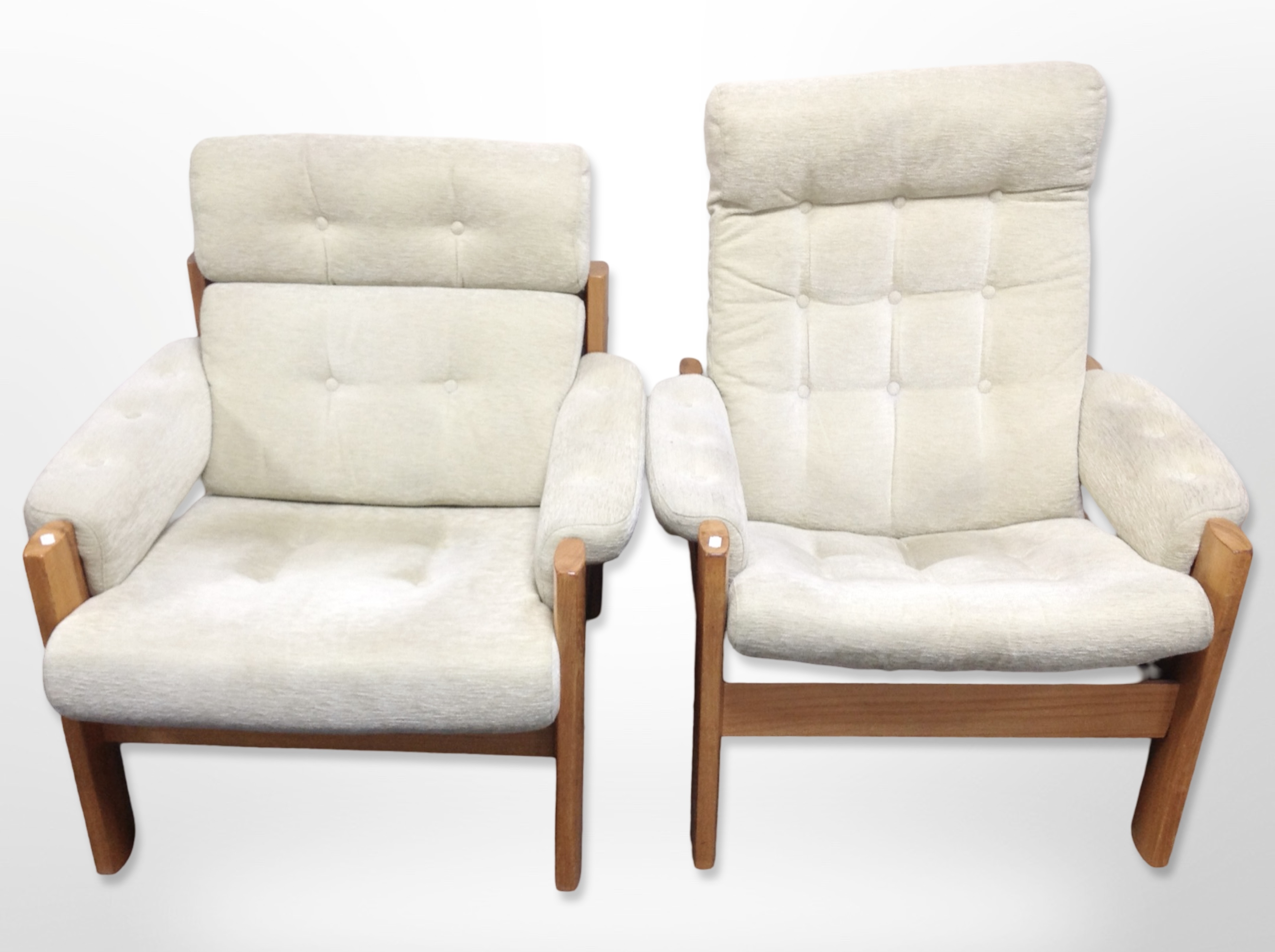 A 20th-century wooden-framed three-piece lounge suite, in buttoned beige upholstery, - Image 2 of 2