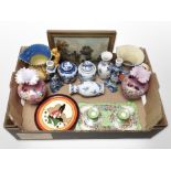 A group of ceramics including Maling lustre dressing table tray and pair of squat candlesticks,