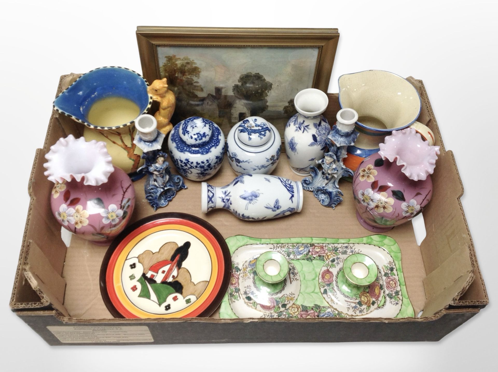 A group of ceramics including Maling lustre dressing table tray and pair of squat candlesticks,