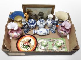 A group of ceramics including Maling lustre dressing table tray and pair of squat candlesticks,