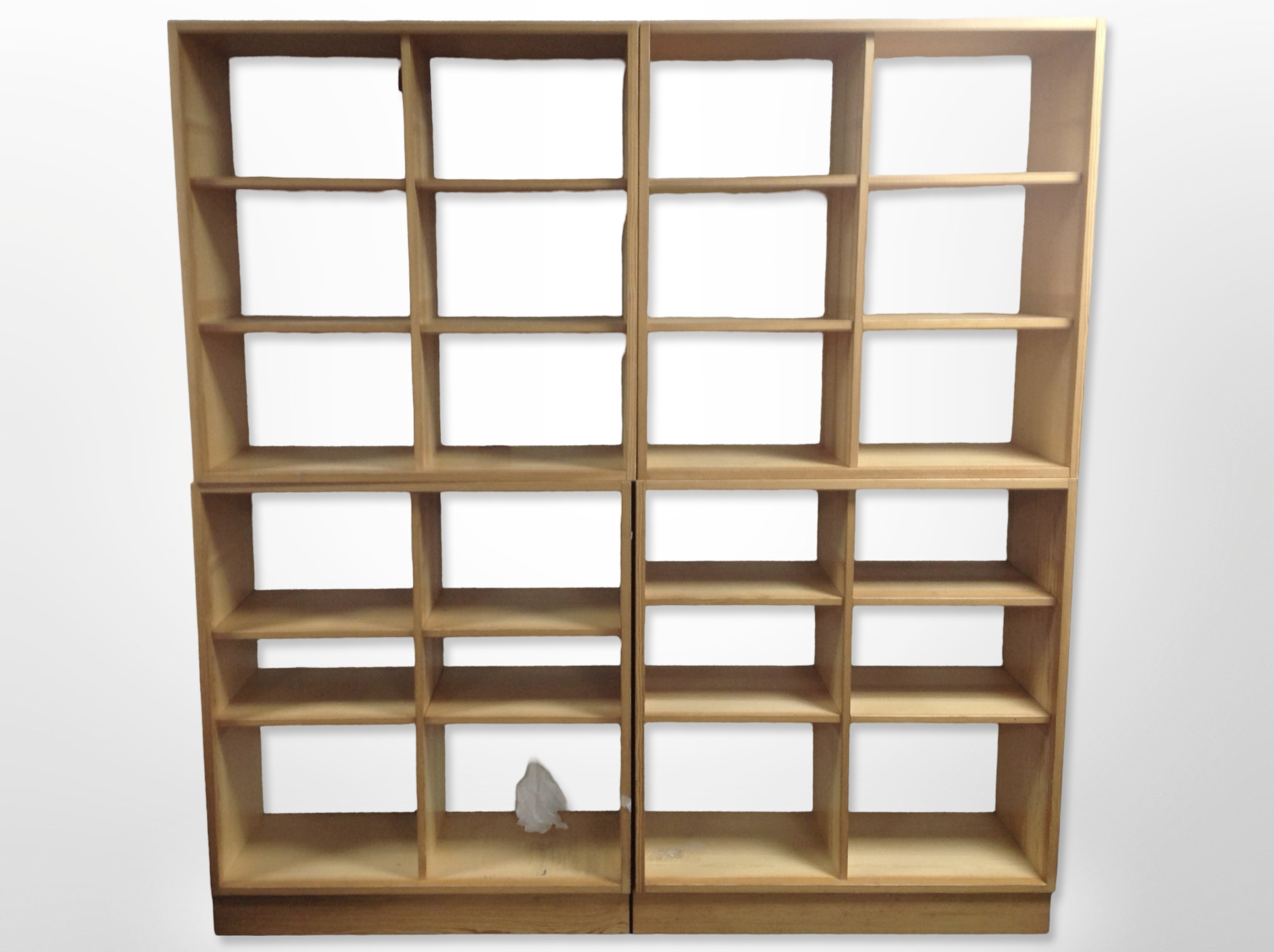 Four Scandinavian pine and MDF open bookcases, each approximately 90cm wide x 39cm deep x 90cm high.