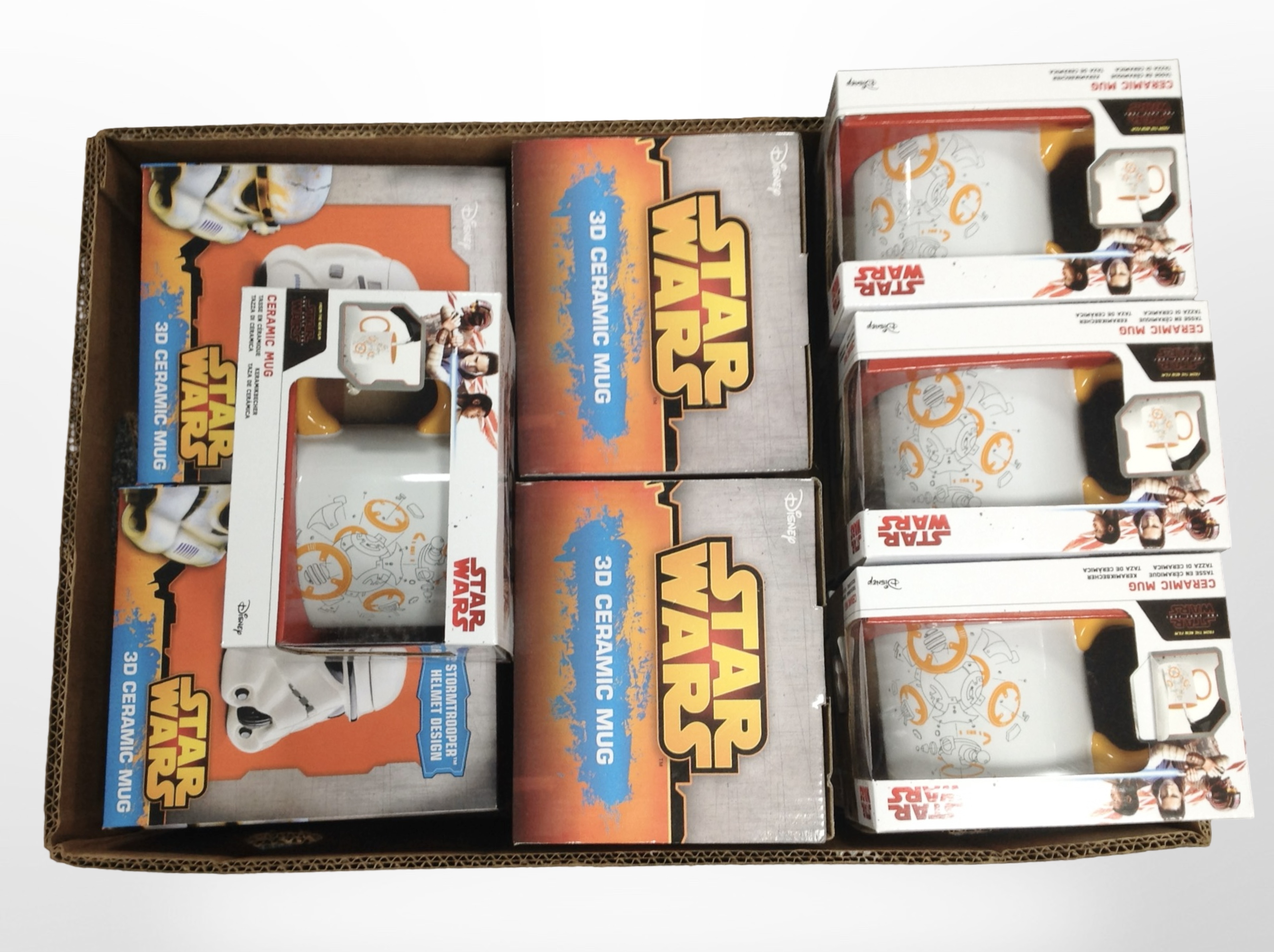 Four Disney Star Wars 3D ceramic mugs and seven further Funko Star Wars ceramic mugs, all boxed.