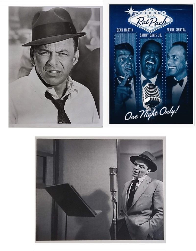 A group of reproduction monochrome Frank Sinatra photographs and a further Rat Pack rolled poster