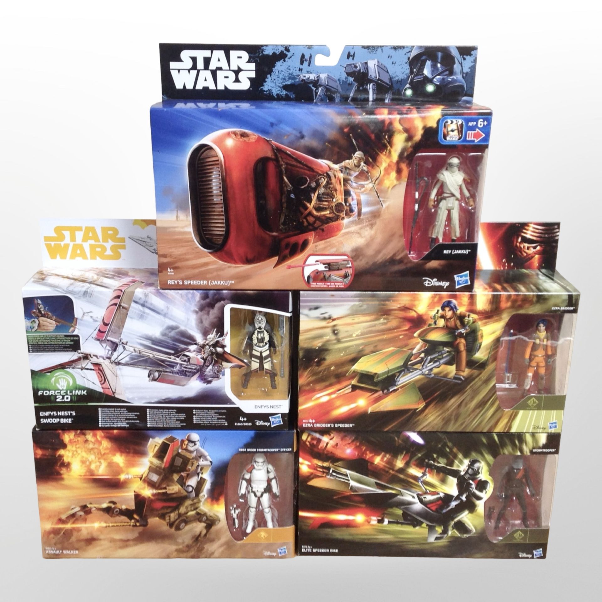 Five Hasbro Disney Star Wars figures including Assault Walker, Elite Speeder Bike, etc., boxed.