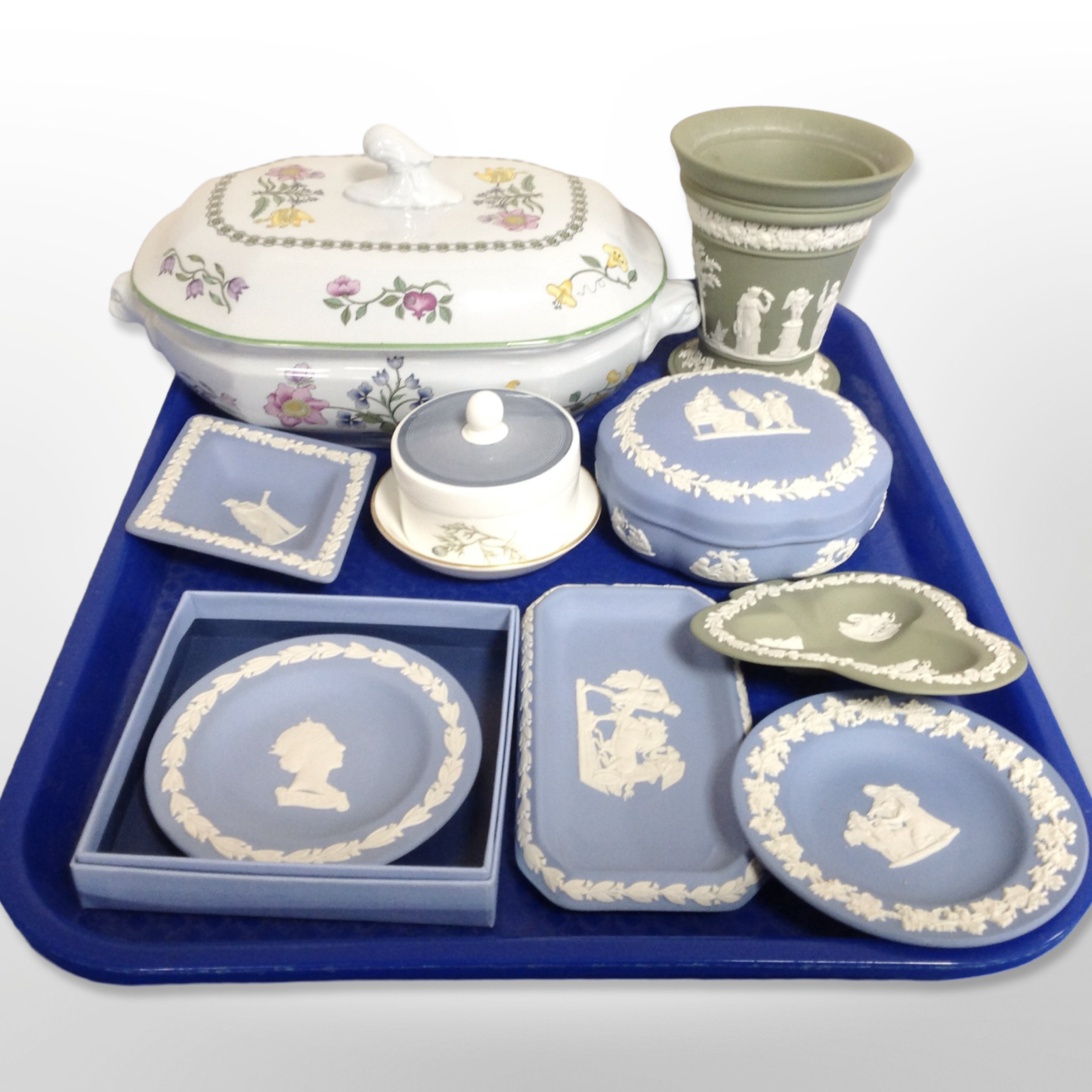 A group of Wedgwood green and blue Jasperware, Royal Worcester circular porcelain pin dish,