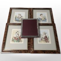 A set of four colour lithographs of ladies in burr walnut-effect frames, 40cm x 35cm overall,