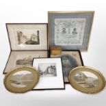 A group of antiquarian pictures and prints, antique charity donation box,