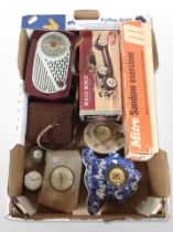 A group of mantel timepieces, radio in the form of a Rolls-Royce, a further radio, Eumig S2 camera,
