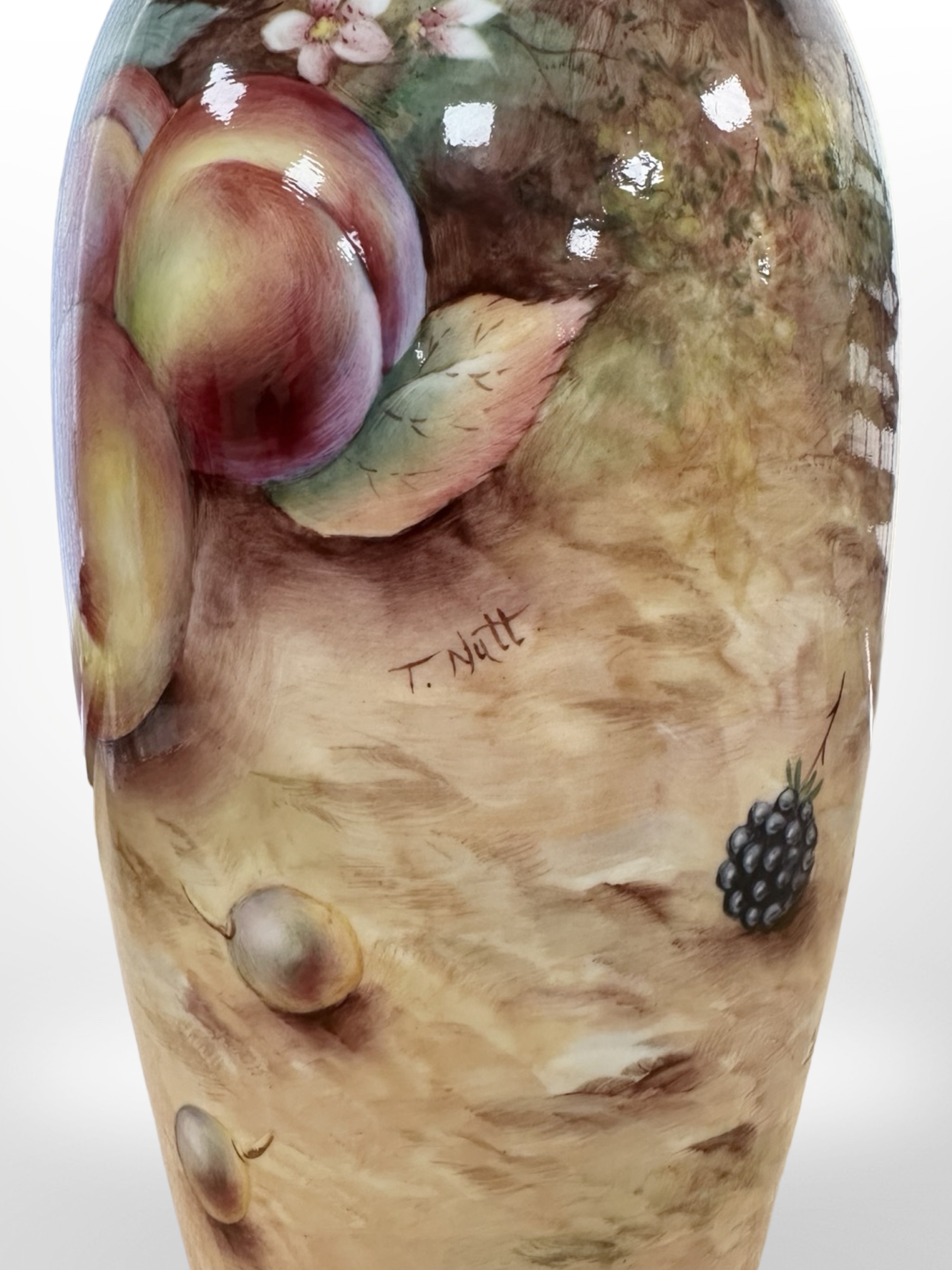 A Royal Worcester vase, hand painted with fruit, black mark to base, numbered 2160, signed T Nutt, - Image 3 of 5