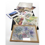 An artists folio containing a large quantity of mainly unframed watercolours and oil paintings,