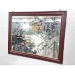 A mahogany-framed Riverside picture mirror signed by various Newcastle United footballers including