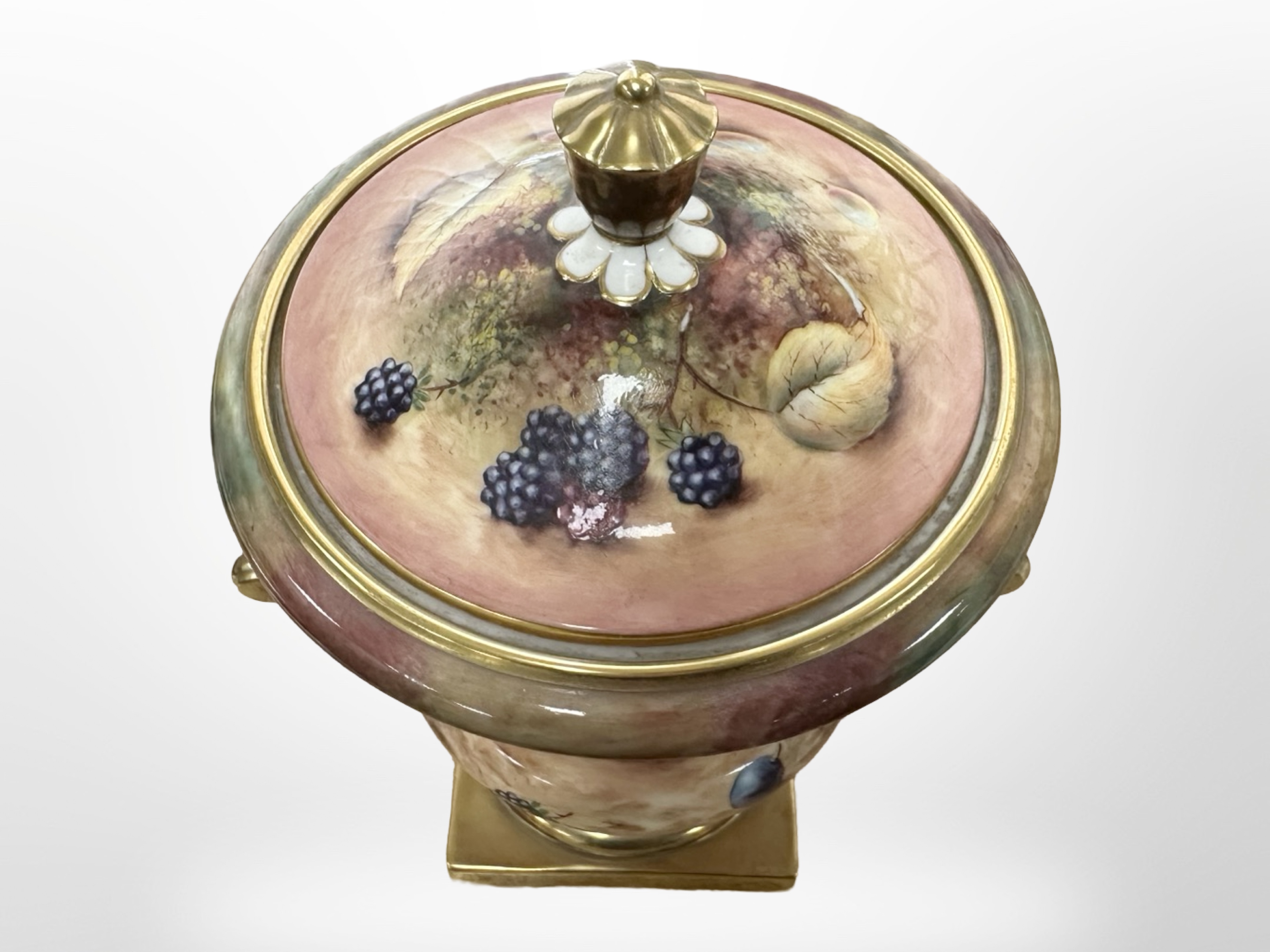 A Royal Worcester campana-shape lidded twin-handled urn, hand painted with fruit, - Image 4 of 5