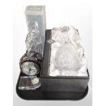 Two boxed Edinburgh Crystal decanter, a Staigen ruby-glass quartz mantel timepiece,